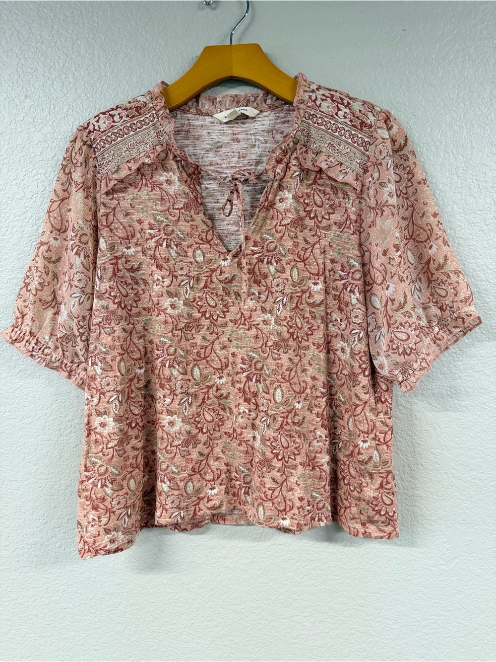 Lucky Brand Dusty Pink Floral Boho Tie-Neck Blouse